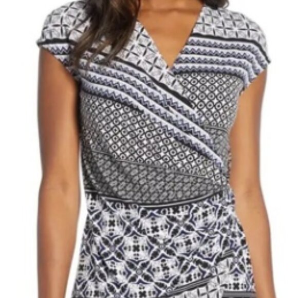 Tommy Bahama Tropical Terrazza Stretch Jersey Faux Wrap Dress M Black White - Picture 16 of 16